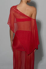 Off Shoulder Irregular Top Fitted See Through Maxi Skirt Set-Red Pre Order