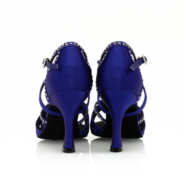 Women's Blue Customized Heel Open Toe Strappy Dance Shoes with Crystals
