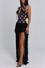 Polka Dot Sleeveless Bodysuit Ruched Mesh Skirt 2pcs Set-Black Pre Order