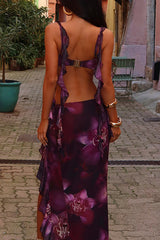 Ruffled Crop Cami Floral Print Slit Maxi Skirt 2pcs Set Purple