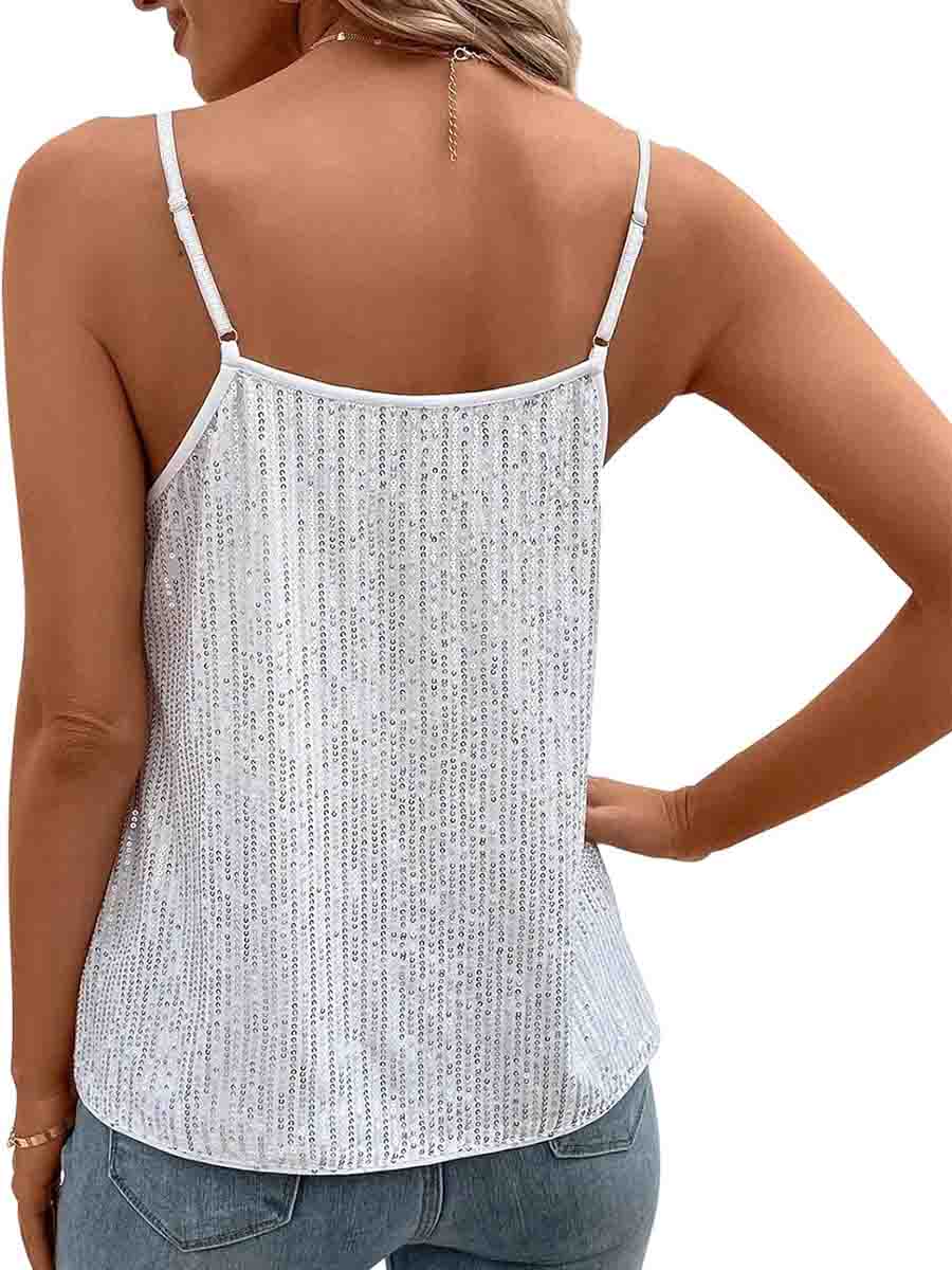 V Neck Sleeveless Camisole Sparkly Silver Tank Top