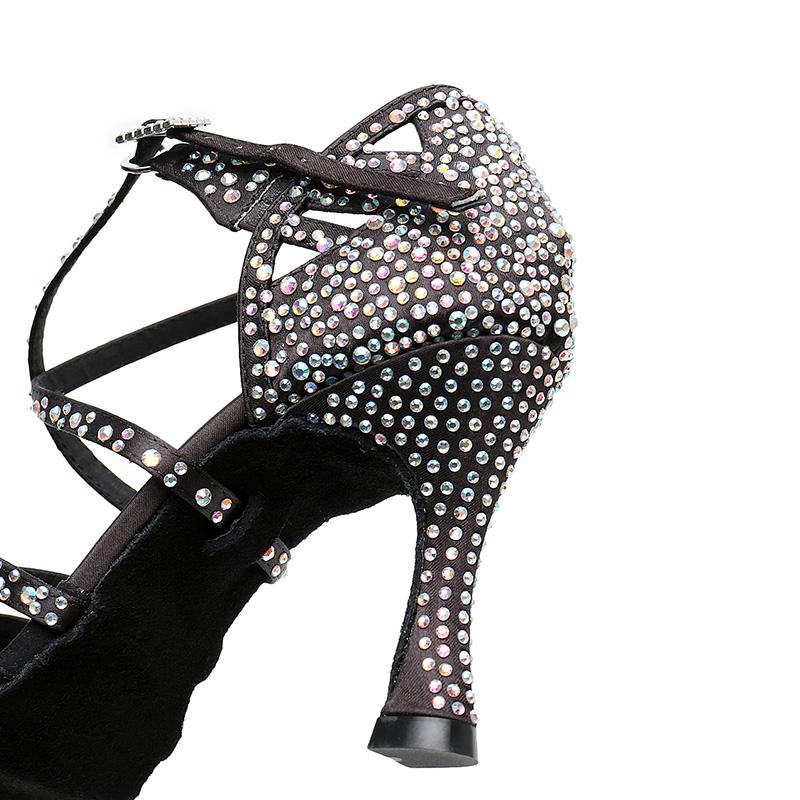 Women's Black Customized Heel Strappy Dance Shoes With Crystals