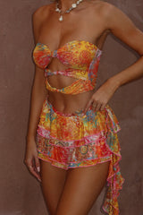 Mixed Print Cutout Crop Top Ruffled Mini Skirt 2pcs Set Yellow