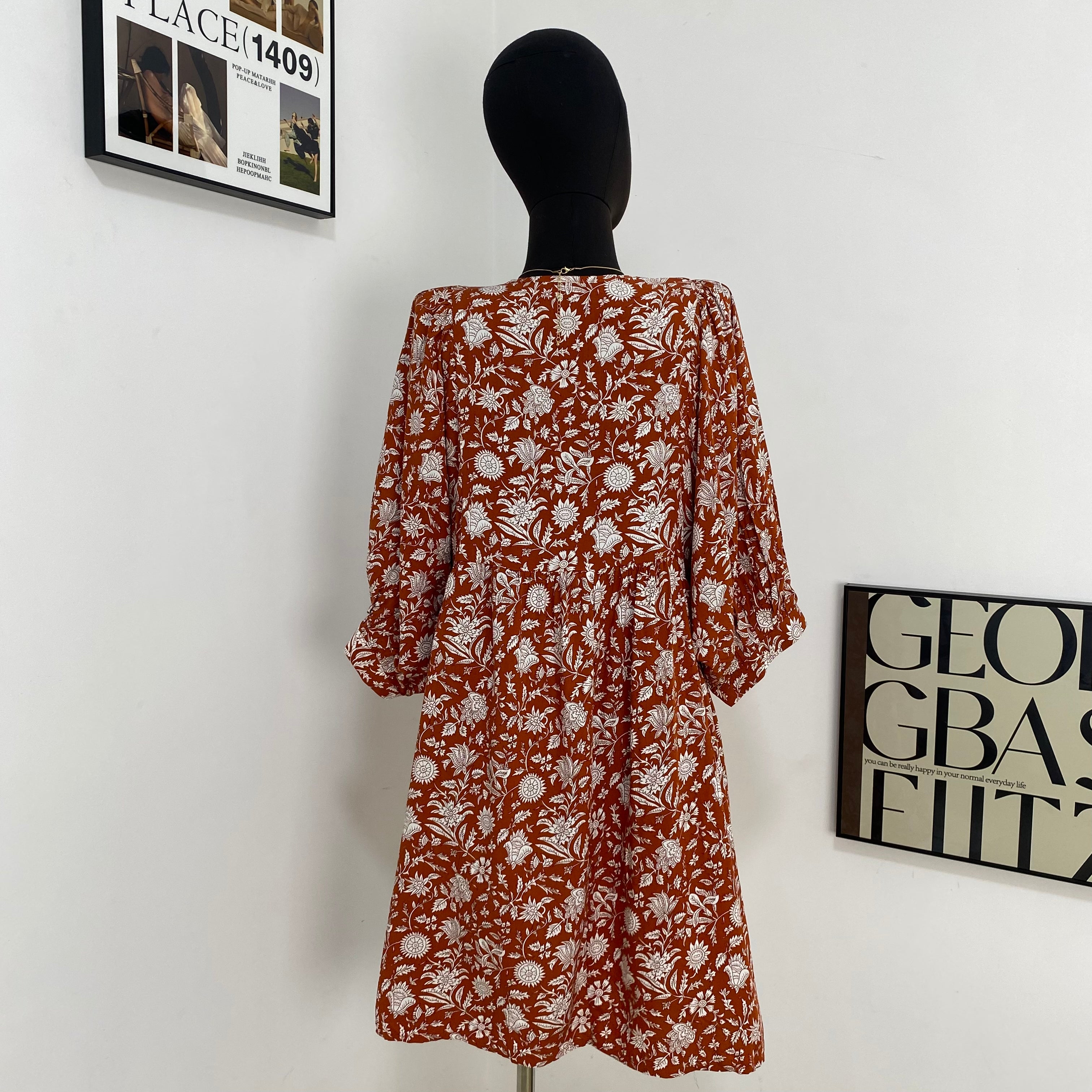 V-Neck Printed Lantern Sleeve Dress