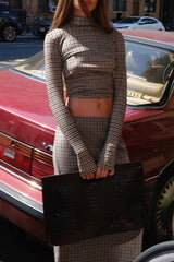 Plaid Print High Neck Long Sleeve Crop Top Fitted Midi Skirt Set-Coffee