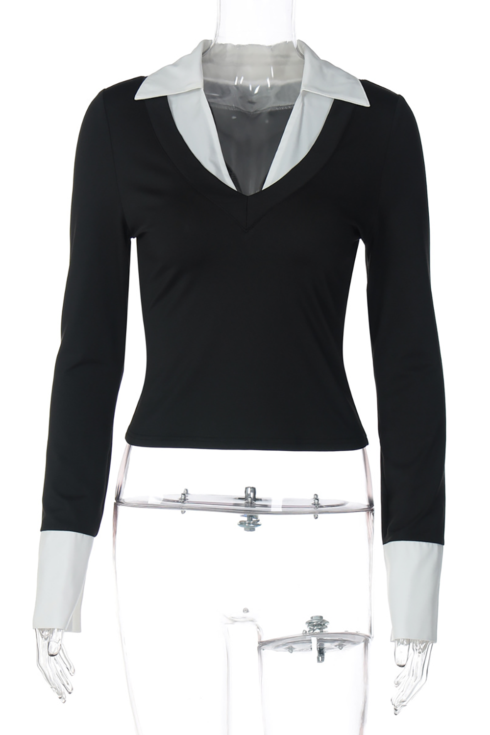 V Neck Long Sleeve Colorblock Patchwork Top-Black