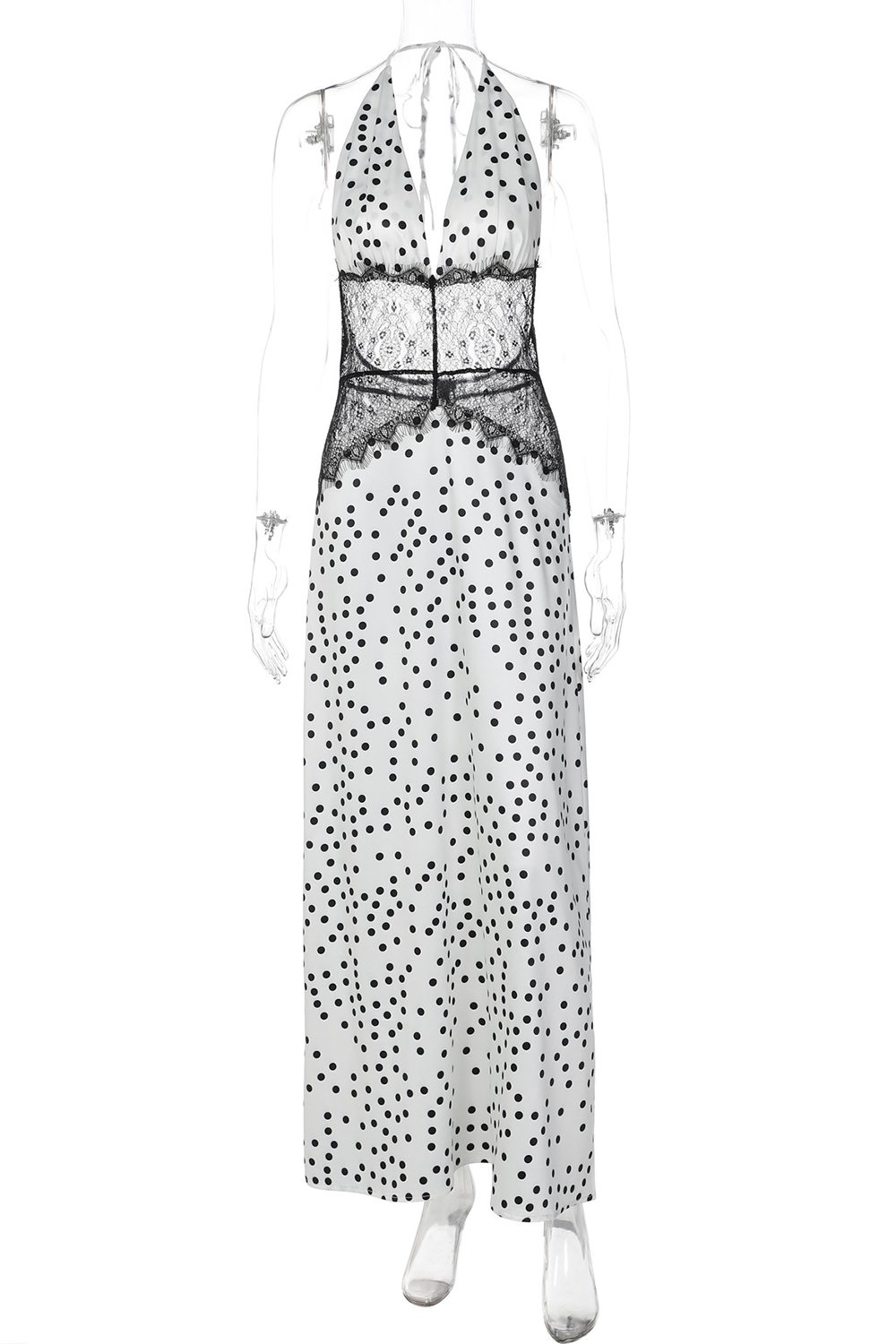 Lace Patchwork V Neck Halter Polka Dot Print Slim Fit Maxi Dresses-White