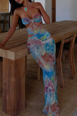 Floral Print Strapless Cutout Bodycon Maxi Dresses Blue