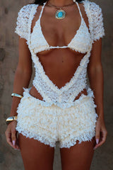 Frilled Lace Short Sleeve Cutout Playsuit Romper Bra 2pcs Set Ivory