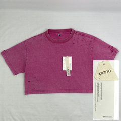 Washed and distressed cotton short-sleeved t-shirt