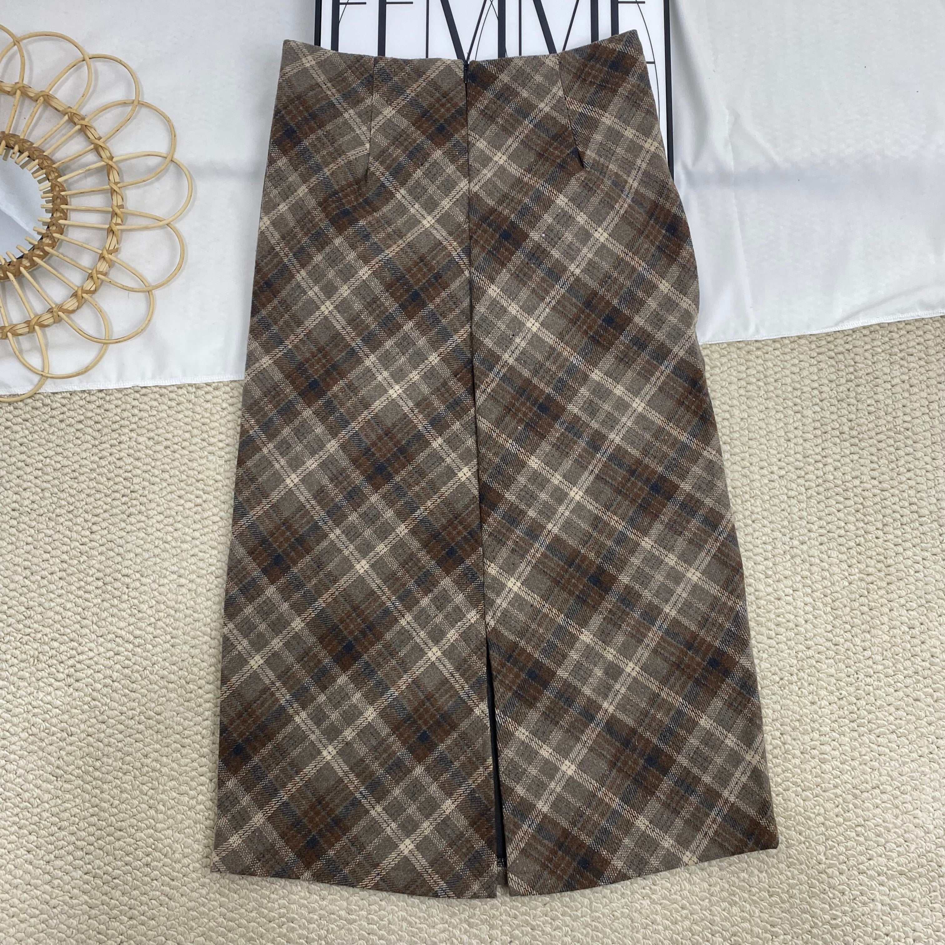 High-Waisted Plaid Wool Midi Skirt