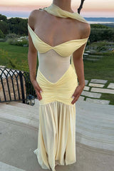 Off Shoulder See-Through Mesh Ruched Split Maxi Dresses-Black