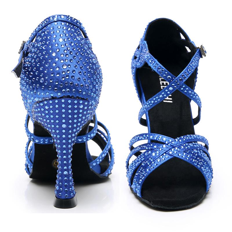 Women's Blue Customized Heel Strappy Dance Shoes With Crystals