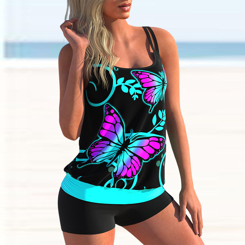 Women Fashion Sexy Plus Size Two Piece Butterfly Print Camisole Swimsuit Lady Two Piece Swimming Suit New Swimwear Bachwear