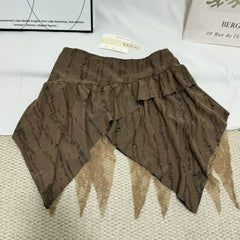 Retro Asymmetrical Lace-Paneled Pleated Skirt