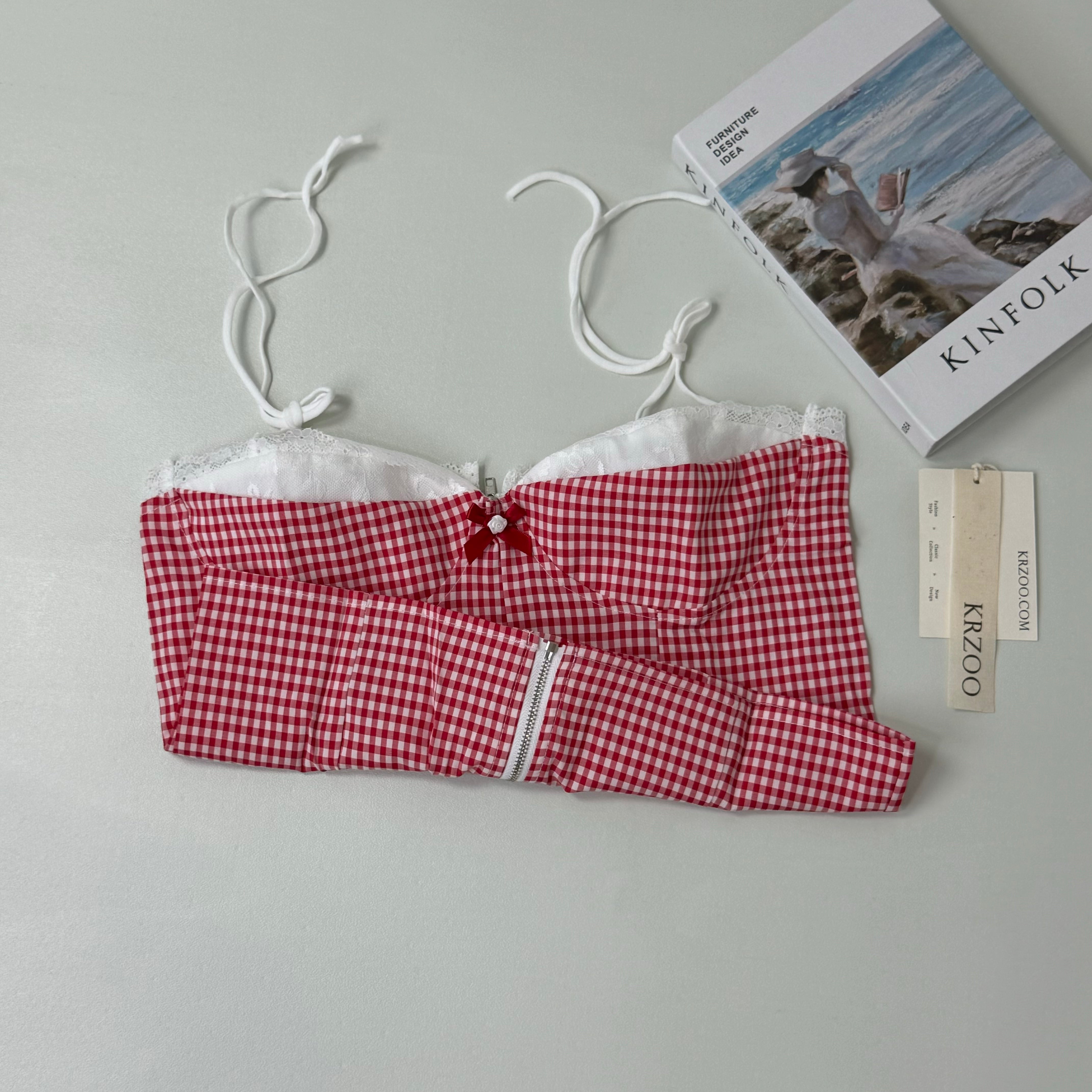 Plaid lace patchwork short bandeau top