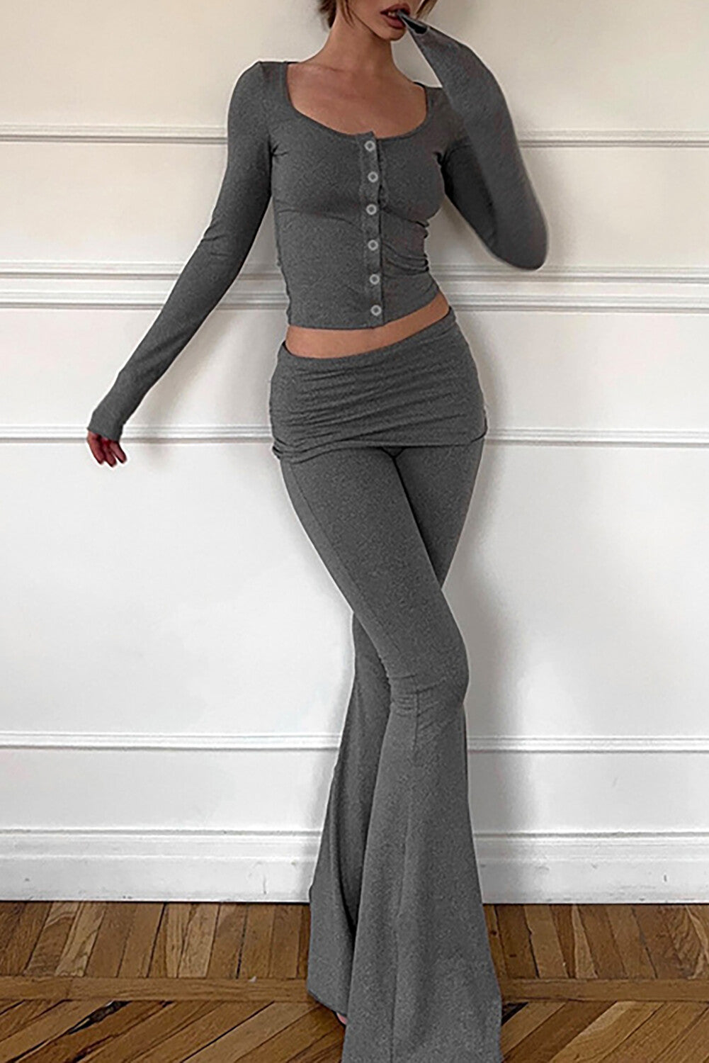 Long Sleeve Button Up Crop Top Ruched Slim Fit Flared Pants Set-LightGray