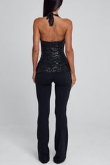 Halter V Neck Sequin Sash Top Bodycon Pants 2pcs Set-Black Pre Order