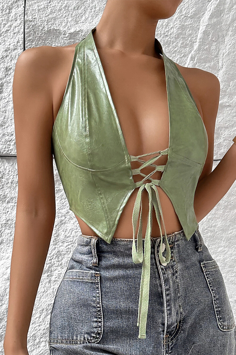 Front Lace Up Deep V Neck PU Leather Halter Crop Top Brown