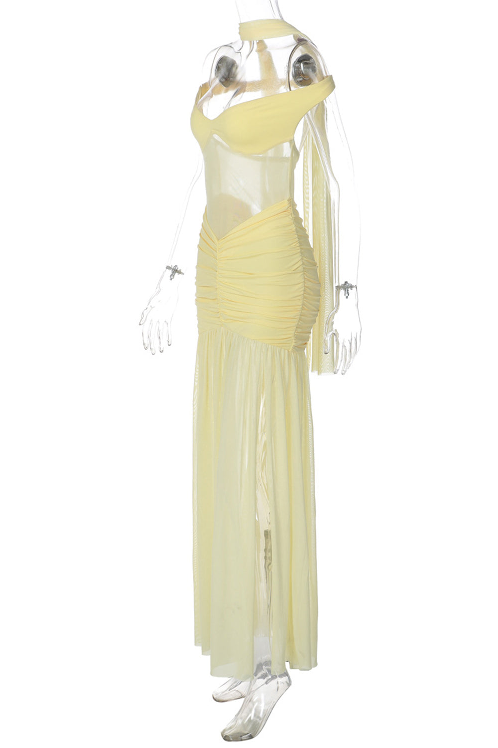 Off Shoulder See-Through Mesh Ruched Split Maxi Dresses-Black