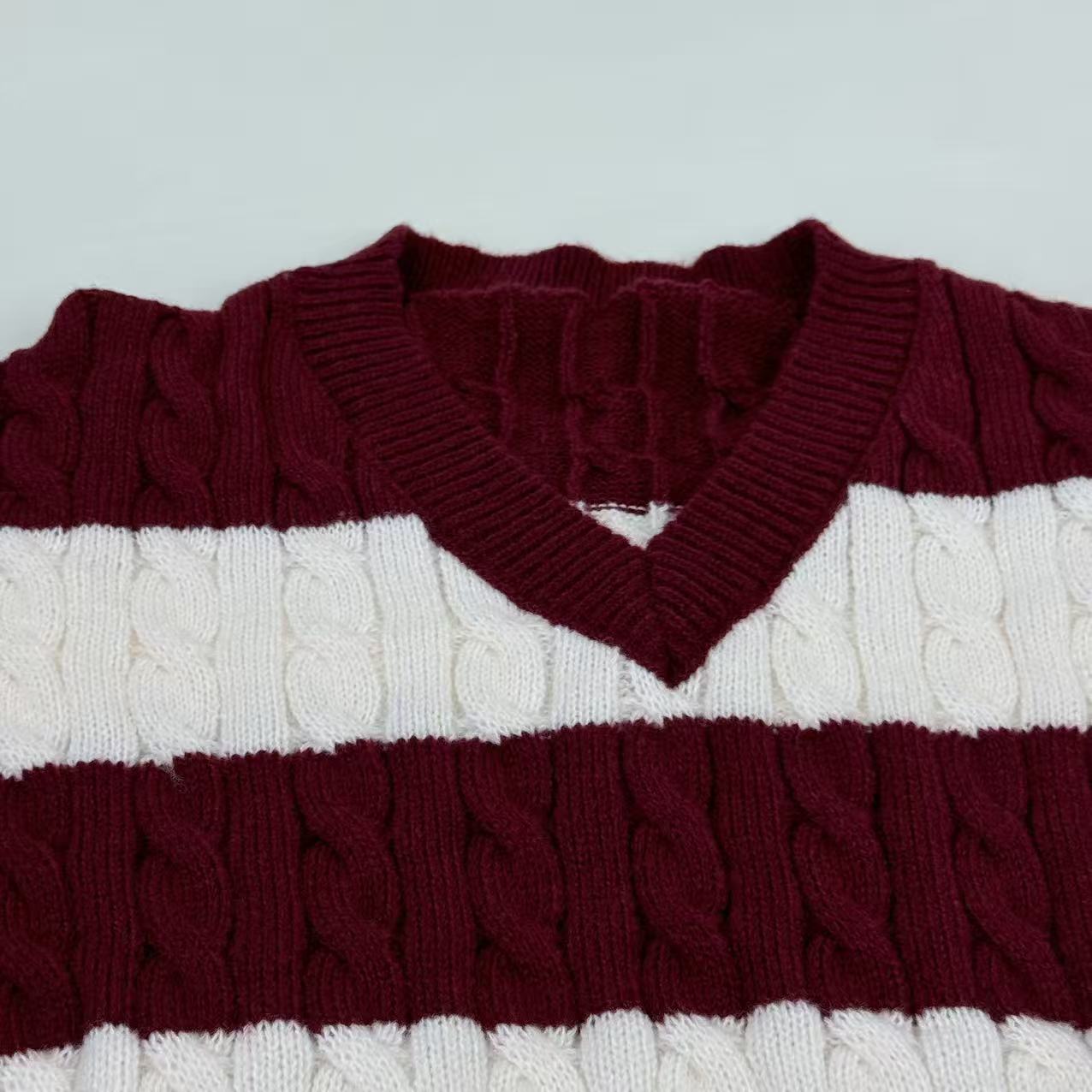 Loose V-neck vintage contrasting stripe sweater