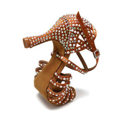 Women's Brown Rhinestone Customized Heel Satin Strappy Knot Latin Dance Shoes