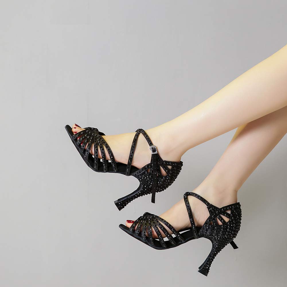 Women's Black Rhinestone Customized Heel Satin Strappy Knot Latin Dance Shoes