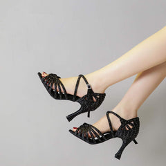 Women's Black Rhinestone Customized Heel Satin Strappy Knot Latin Dance Shoes