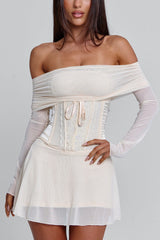 Off Shoulder Long Sleeve Cinch Waist Mesh Mini Dresses-White Pre Order