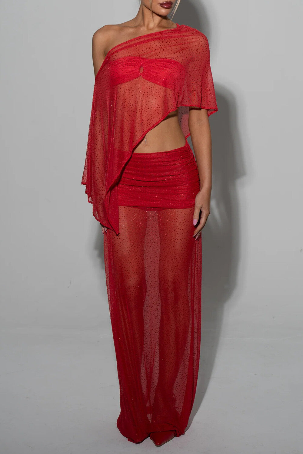 Off Shoulder Irregular Top Fitted See Through Maxi Skirt Set-Red Pre Order