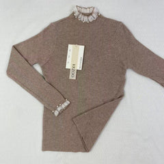 High-neck long-sleeved lace knitted top