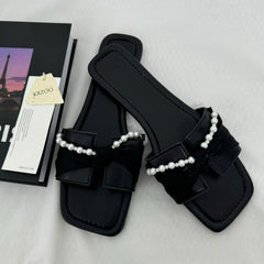Black Bow-Detail Flat Slides