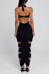 Halter Cut Out Ruched Slim Fit Tie Up Party Maxi Dresses-Black Pre Order