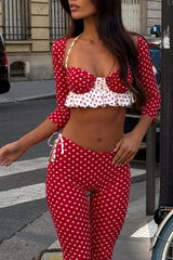 Polka Dot Colorblock Halter Top Crop Leggings Shrug 3pcs Set-Red Pre Order