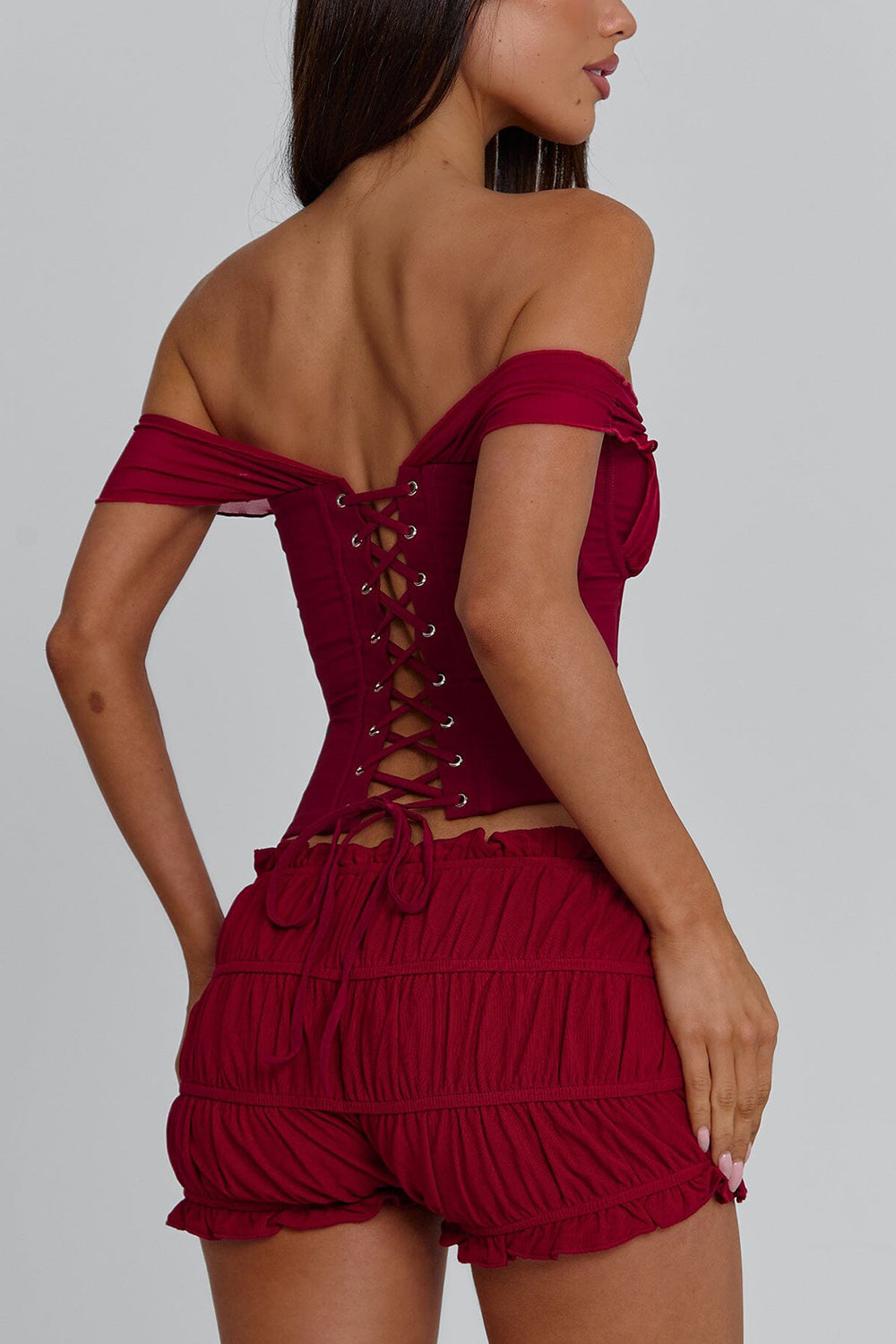 Off Shoulder Cinch Waist Top Shirred Mini Skirt 2pcs Set-Red Pre Order