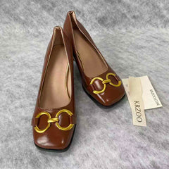 Metal buckle square-toe high-heeled shoes