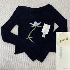 Floral short-sleeved sweater with fluttering sleeves