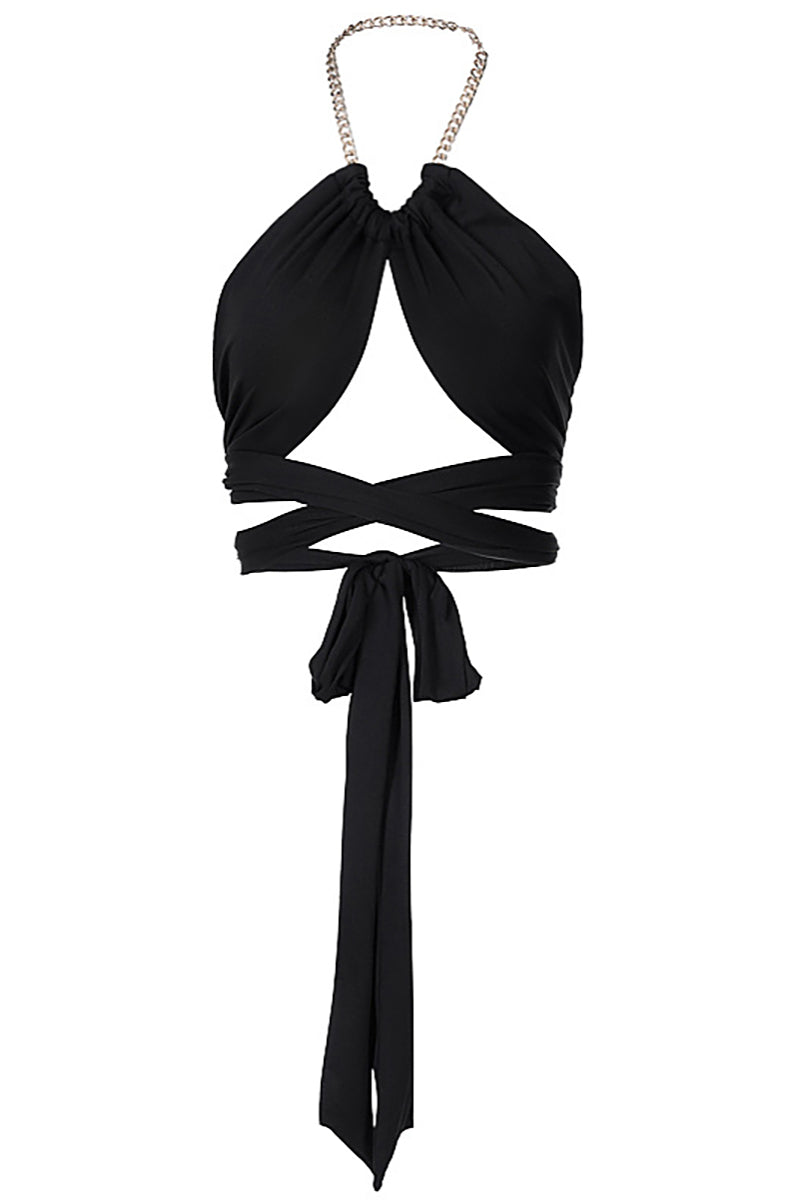 Chain Halter Irregular Neck Backless Ruched Crossover Tie Up Crop Top