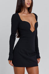Square Neck Cut Out Cinch Waist Bodycon Party Mini Dresses-Black Pre Order