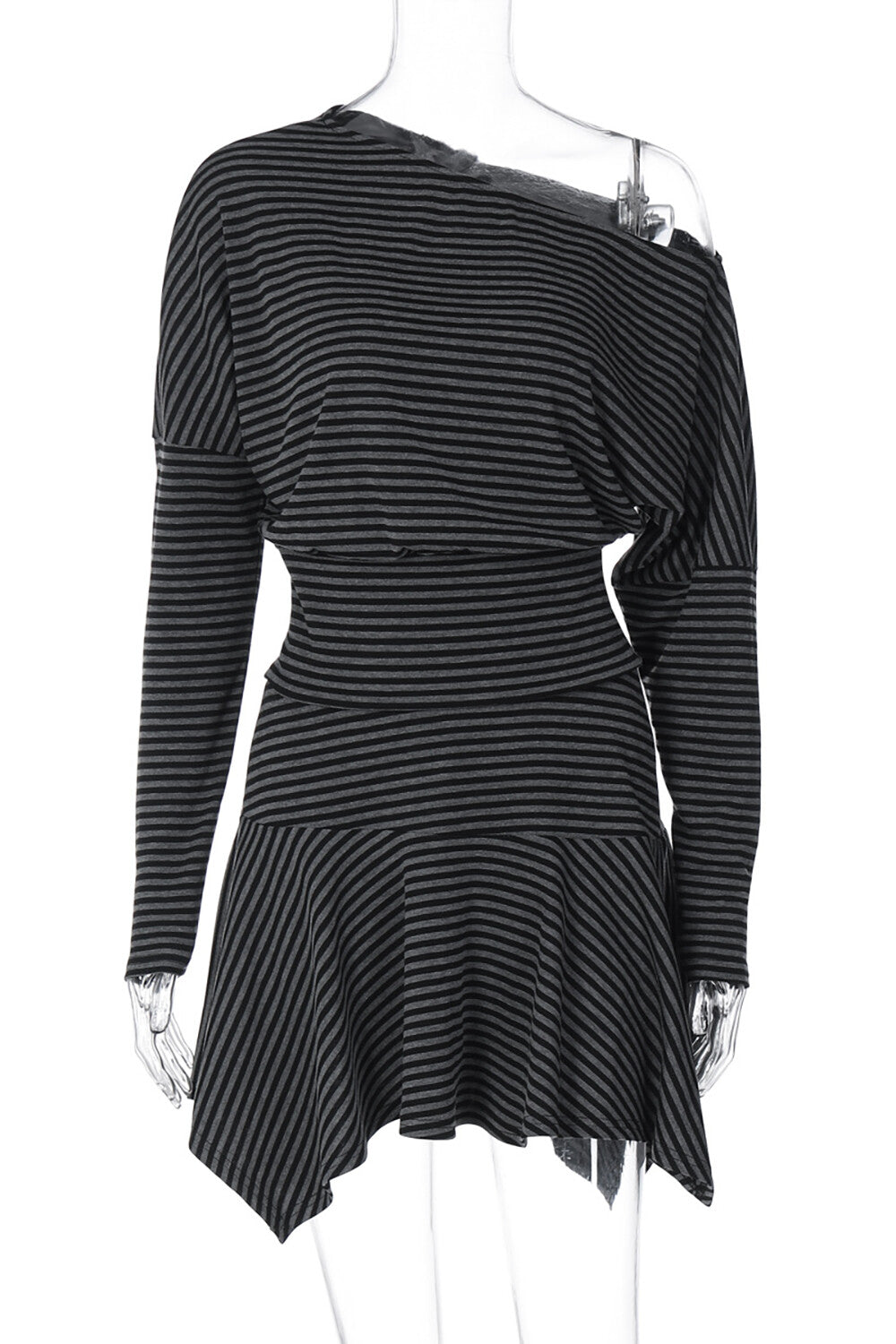Striped Print Off Shoulder Long Sleeve Top Irregular Mini Skirt Set-Grey