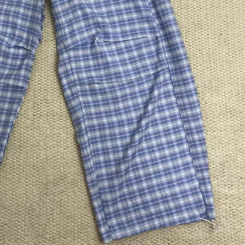 Retro Blue Curved-Leg Plaid Trousers