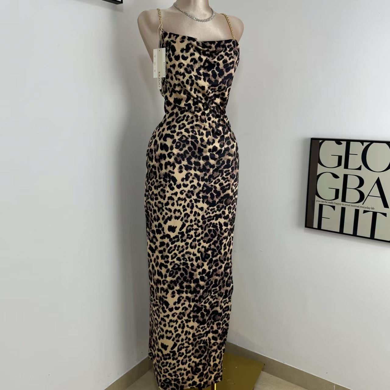 Irregular High-Slit Leopard Print Dress