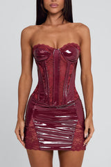 Strapless Cinch Waist Lace Slim Fit Party Mini Dresses-Red Pre Order