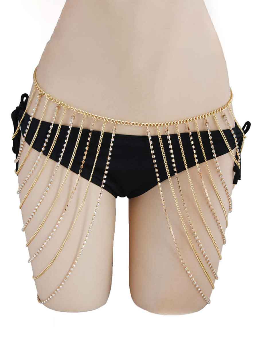 Stylish Bikini Layered Body Chain Rhinestone Mini Skirt