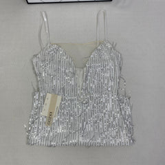 Deep V silhouette fringed halter dress with sequins
