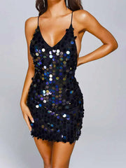 Sexy Deep V Neckline Black Sparkly Sequin Dress