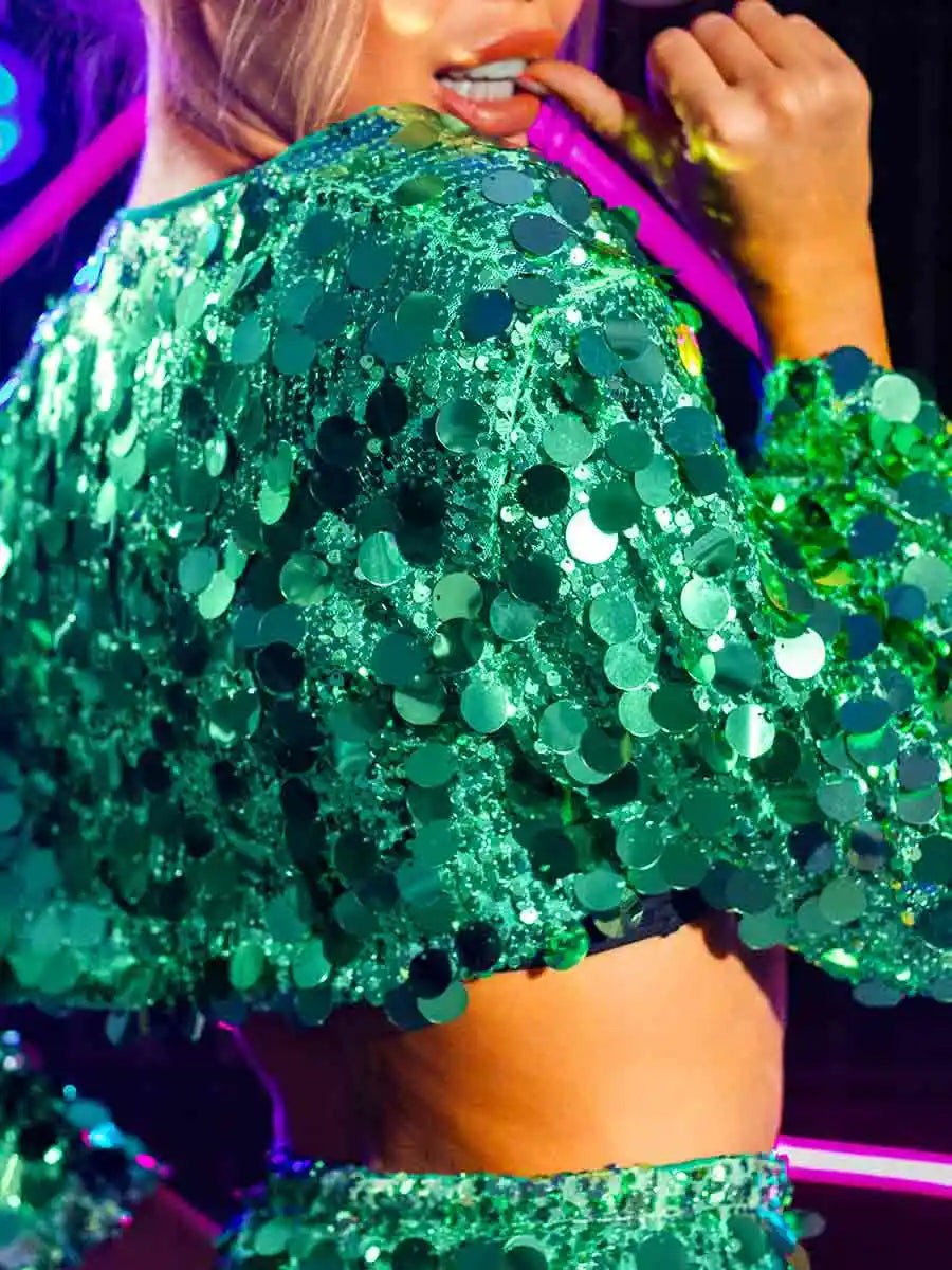 Stylish Green Sequin Long Sleeve Jacket Top
