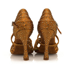 Women's Brown 9cm Strappy Satin Rhinestones Sandal Latin Dance Shoes