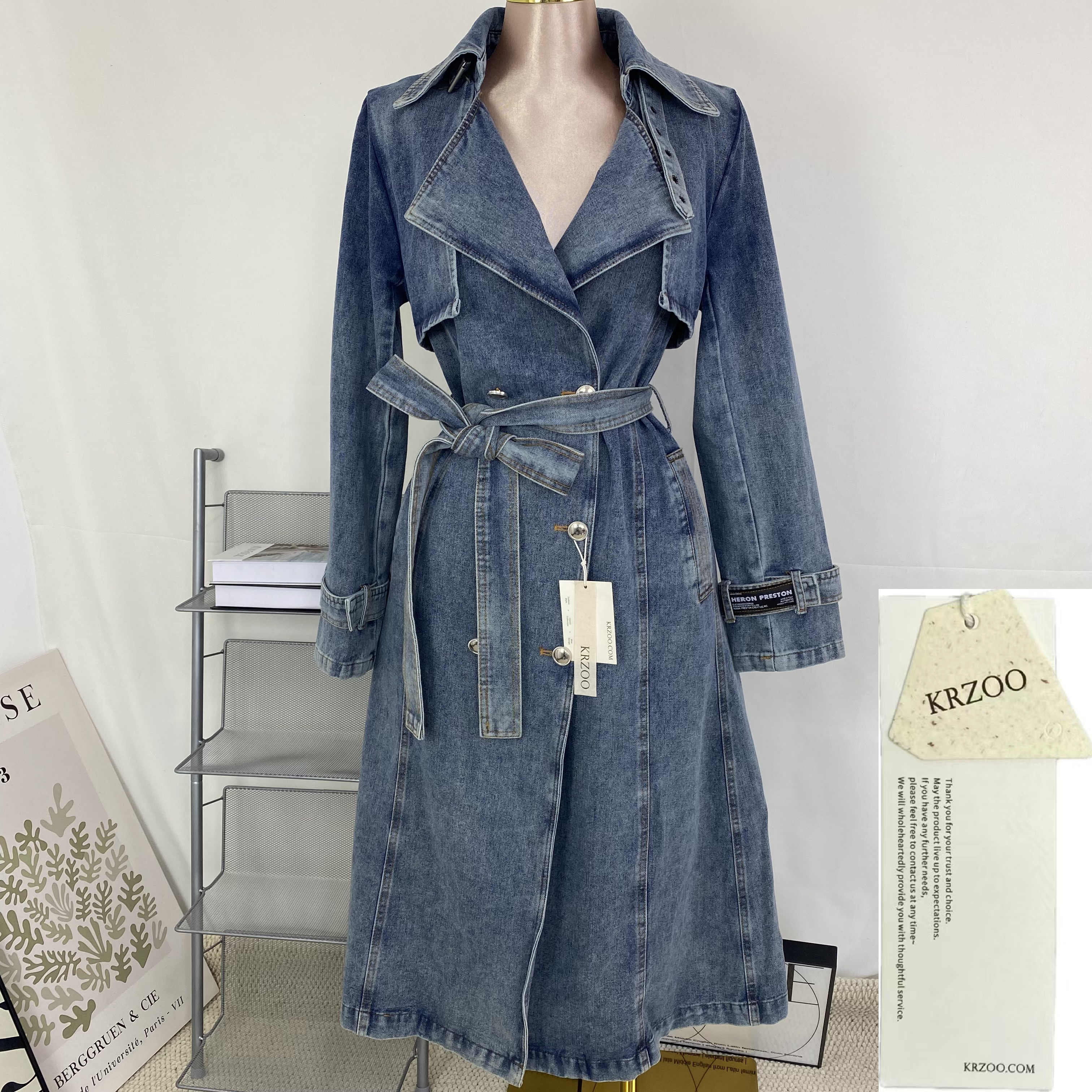Long denim trench coat