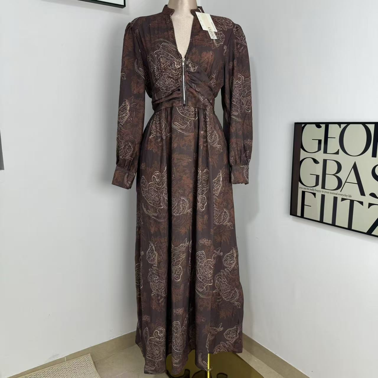 Printed V-Neck Maxi Dress with Puff Sleeves